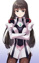 Rule 34 | 1girl, alternate costume, black hair, black pantyhose, blaze (blazeillust), blue background, blush, breasts, brown eyes, closed mouth, cosplay, crossed arms, elhaym van houten, elhaym van houten (cosplay), girls und panzer, gradient background, highres, long hair, looking at viewer, medium breasts, miniskirt, nishizumi shiho, pantyhose, serious, simple background, skirt, solo, standing, white background, xenogears