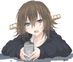Rule 34 | 10s, 1girl, beer can, blue eyes, brown hair, can, casual, commentary request, drink can, hiei (kancolle), hiei kai ni (kancolle), highres, kantai collection, looking at viewer, nao (qqqbb), short hair, solo, twitter username, white background