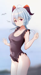 Rule 34 | 1girl, absurdres, ahoge, blue hair, breasts, cleavage, collarbone, cowboy shot, frilled swimsuit, frills, ganyu (genshin impact), genshin impact, highres, horns, long hair, looking at viewer, medium breasts, one-piece swimsuit, purple eyes, sidelocks, smile, solo, standing, swimsuit, thighs, xiaoxiao (user ackt2884)