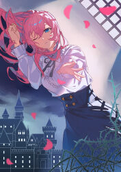 Rule 34 | 1girl, 6o2 (rokumaruni), absurdres, black ribbon, black skirt, blue eyes, breasts, building, buttons, castle, cloud, cloudy sky, collar, commentary, english commentary, falling petals, frilled collar, frills, hair between eyes, highres, long hair, long sleeves, looking at viewer, lying, medium breasts, megurine luka, neck ribbon, on side, one eye closed, outstretched hand, parted lips, petals, pink hair, ribbon, shirt, skirt, sky, solo, thorns, vocaloid, white shirt, window