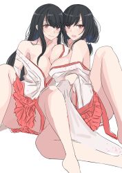 2girls absurdres asymmetrical_docking bare_shoulders black_hair blunt_bangs blush breast_press breasts cleavage highres ken_(shutenndouji1) large_breasts long_hair multiple_girls original red_eyes spread_legs undressing