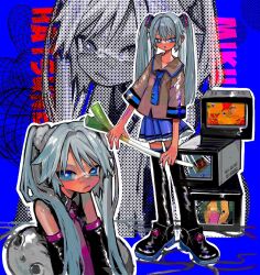 Rule 34 | 2girls, alternate costume, bandaid, bandaid on face, bandaid on nose, bare shoulders, black footwear, black sleeves, black thighhighs, blue background, blue eyes, blue hair, blue nails, blue necktie, blue skirt, character name, closed mouth, collared shirt, commentary request, crt, detached sleeves, full body, grey shirt, hair ornament, hair over shoulder, halftone, hatsune miku, highres, light blue hair, long hair, looking at viewer, miniskirt, multiple girls, multiple persona, nail polish, necktie, oshio (shioqqq), outline, parted lips, shirt, shoes, short sleeves, skirt, standing, thighhighs, tie clip, twintails, upper body, vocaloid, white outline, wireframe, zettai ryouiki, zoom layer