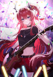 Rule 34 | 1girl, absurdres, arknights, belt, black belt, black choker, black gloves, black shirt, choker, chui da shu, commentary, confetti, cowboy shot, crop top, cross, cross necklace, electric guitar, gloves, guitar, hair between eyes, highres, holding, holding instrument, instrument, jewelry, long hair, looking at viewer, midriff, necklace, official alternate costume, one side up, pencil skirt, purple eyes, red hair, red skirt, shirt, single bare shoulder, single glove, skirt, solo, standing, stomach, surtr (arknights), surtr (liberte echec) (arknights), very long hair