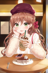 Rule 34 | 1girl, absurdres, bang dream!, blush, bra strap, braid, brown hair, cellphone, collarbone, cup, drinking straw, green eyes, highres, holding, holding cup, imai lisa, long hair, long sleeves, looking at viewer, open mouth, phone, pov across table, red headwear, sitting, smartphone, smile, solo, tokkyu, very long hair, wavy hair