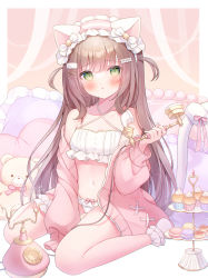 Rule 34 | 1girl, :t, animal ears, antique phone, bare shoulders, bell, between legs, blush, bobby socks, bow, bow panties, bra, brown hair, cat ears, cat girl, cat tail, closed mouth, collarbone, commentary request, corded phone, criss-cross halter, cupcake, food, frilled bra, frilled hairband, frilled panties, frilled pillow, frills, green eyes, hair ornament, hairband, hairclip, halterneck, hand between legs, hand up, heart-shaped food, highres, holding, holding phone, jacket, jingle bell, long hair, long sleeves, looking at viewer, macaron, navel, no shoes, off shoulder, omochi monaka, open clothes, open jacket, original, outside border, panties, phone, pillow, pink hairband, pink jacket, pout, puffy long sleeves, puffy sleeves, purple socks, rotary phone, sitting, sleeves past fingers, sleeves past wrists, socks, solo, stuffed animal, stuffed toy, tail, teddy bear, tiered tray, two side up, underwear, very long hair, wariza, white bow, white bra, white panties, x hair ornament