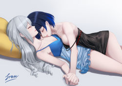 Rule 34 | 2girls, bare arms, bare shoulders, blue hair, blush, breasts, bronya zaychik, camisole, cleavage, closed eyes, collarbone, drill hair, freze, frills, from side, girl on top, gradient background, highres, holding hands, honkai (series), honkai impact 3rd, index finger raised, long hair, lying, medium breasts, multiple girls, on back, on stomach, parted lips, pillow, pink lips, profile, see-through, seele vollerei, short hair, sideboob, signature, silver hair, sleeping, small breasts, smile, strap slip, thighs, underboob, yuri