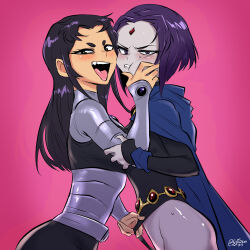 Rule 34 | 2girls, :d, armor, artist name, black bodysuit, black hair, black leotard, blackfire, blue cape, blush, bodysuit, breasts, cape, cheek squash, clenched teeth, cowboy shot, dc comics, forehead jewel, from side, half-closed eye, hand up, highres, hood, hooded cape, leotard, leotard pull, long hair, long sleeves, looking at viewer, medium breasts, multiple girls, no panties, open mouth, pink background, raven (dc), shiny skin, simple background, smile, sytokun, teen titans, teeth, tongue, tongue out, yuri
