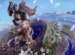 Rule 34 | 1boy, 1girl, blonde hair, blue eyes, blush, brown hair, day, feathers, flower, flying, glasses, gloves, hat, highres, island, long hair, looking at another, made in abyss, official art, open mouth, outdoors, petals, regu (made in abyss), riko (made in abyss), short hair, sky, smile, star compass, tsukushi akihito, twintails, whistle, whistle around neck, yellow eyes