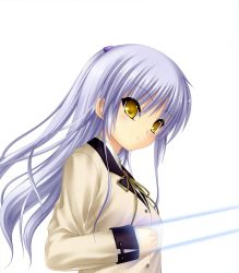 Rule 34 | 1girl, absurdres, angel beats!, closed mouth, hair between eyes, hair ornament, highres, key (company), long hair, na-ga, ponytail, school uniform, silver hair, simple background, solo, sword, tenshi (angel beats!), weapon, white background, yellow eyes