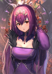 Rule 34 | 1girl, :o, arm up, beads, blurry, blurry background, blush, breasts, collarbone, commentary, depth of field, detached collar, dress, fate/grand order, fate (series), flower, fur-trimmed dress, fur trim, gem, glint, hair between eyes, hand in own hair, head tilt, headpiece, highres, large breasts, long hair, long sleeves, looking at viewer, moonandmist, purple dress, purple hair, red eyes, red flower, runes, scathach (fate), scathach skadi (fate), sidelocks, solo, taut clothes, taut dress, upper body