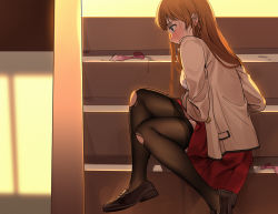 Rule 34 | 1girl, aftersex, arm support, backlighting, black footwear, black pantyhose, blue eyes, blush, bra, braid, breasts, brown hair, buttons, closed mouth, clothes pull, condom, cum, evening, feet out of frame, from side, idolmaster, idolmaster million live!, idolmaster million live! theater days, indoors, jacket, kousaka umi, loafers, long hair, long sleeves, looking away, medium breasts, miniskirt, nakamura rohane, nose blush, open clothes, open jacket, pantyhose, pantyhose pull, pleated skirt, pocket, profile, red skirt, school, school uniform, shoes, sitting, sitting on stairs, skirt, solo, stairs, sunlight, sweat, torn clothes, torn pantyhose, underwear, used condom, white bra, white jacket