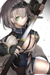 Rule 34 | 1girl, absurdres, armor, belt, black gloves, black hairband, black legwear, braid, breastplate, breasts, cleavage, commentary, crown braid, drawing sword, dress, female knight, gloves, green eyes, hairband, highres, holding, holding sword, holding weapon, hololive, knight, large breasts, mine tsukasa, mole, mole on breast, pouch, scabbard, serious, sheath, shirogane noel, shirogane noel (1st costume), short hair, silver hair, solo, sword, thighs, virtual youtuber, weapon
