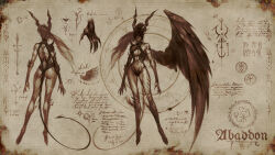 Rule 34 | 1girl, abaddon (mythology), ass, bare shoulders, breasts, brown hair, character name, claws, demon girl, demon horns, demon tail, feathered wings, full body, glowing, glowing eyes, highres, horns, large breasts, large horns, long hair, looking at viewer, nate rose, navel, original, polearm, scar, shiny skin, single wing, solo, spear, tail, weapon, wings