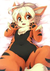 Rule 34 | 1girl, ahoge, animal hands, arcanine, bad id, bad twitter id, blonde hair, body fur, brown eyes, creatures (company), female focus, furry, furry female, game freak, gen 1 pokemon, highres, lying, navel, nintendo, no pussy, nude, on back, on bed, open mouth, plump, pokemon, pokemon (creature), shiitakemeshi, short hair, solo