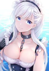 Rule 34 | 1girl, azur lane, bare arms, belfast (azur lane), between breasts, black gloves, blue eyes, blush, braid, breasts, chain, chain between breasts, cleavage, closed mouth, collarbone, dress, french braid, from above, gloves, headdress, highres, looking at viewer, medium breasts, myusha, ocean, silver hair, smile, solo, upper body, white dress