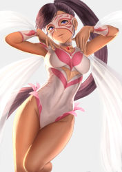 Rule 34 | 1girl, angel leotard, arms up, bare legs, bracer, breasts, choker, covered navel, dragon quest, dragon quest xi, grey background, groin, highres, impossible clothes, impossible leotard, jewelry, leg up, leotard, long hair, looking at viewer, martina (dq11), mask, medium breasts, parted lips, pendant, ponytail, purple eyes, see-through, shawl, simple background, smile, solo, square enix, standing, standing on one leg, swept bangs, thighs, very long hair, white leotard, yamaneko (tkdrumsco)