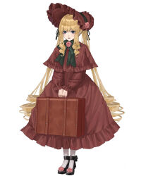Rule 34 | 1girl, black footwear, black ribbon, blonde hair, blue eyes, bonnet, bow, bowtie, briefcase, capelet, closed mouth, dress, drill hair, flower, footwear flower, full body, green bow, green bowtie, hair ribbon, highres, holding, holding briefcase, lips, lolita fashion, long hair, long sleeves, looking at viewer, pantyhose, pink flower, pink rose, red capelet, red dress, red headwear, red lips, ribbon, rose, rozen maiden, ruru (pixiv17851010), shinku, simple background, smile, solo, standing, twin drills, v arms, very long hair, white background, white pantyhose