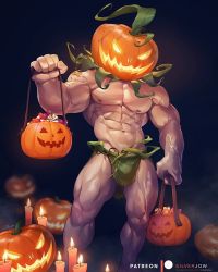 Rule 34 | 1boy, abs, bara, bare pectorals, black hair, briefs, candle, candy, feet out of frame, food, glowing, halloween costume, jack-o&#039;-lantern, large pectorals, male focus, male underwear, muscular, navel, nipples, original, patreon username, pectorals, pumpkin, pumpkin costume, pumpkin hat, short hair, silverjow, solo, thick thighs, thighs, underwear, veins
