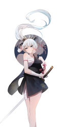 1girl absurdres alternate_costume armlet ayaka_(genshin_impact) blunt_bangs collarbone commentary_request genshin_impact grey_eyes grey_hair hadanugi_dousa hair_ornament hair_ribbon highres holding holding_sword holding_weapon japanese_clothes jewelry katana kimono long_hair looking_at_viewer open_clothes open_kimono ponytail qixia ribbon sarashi sidelocks simple_background solo sword tress_ribbon weapon white_background wrist_ribbon zoom_layer