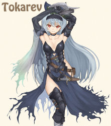 Rule 34 | 1girl, armor, armpits, arms up, beige background, belt, belt pouch, blue bow, blue dress, blue hair, boots, bow, breasts, character name, cleavage, closed mouth, commentary request, contrapposto, dagger, dress, elbow gloves, filigree, gauntlets, girls&#039; frontline, gloves, gun, hair bow, hairband, handgun, highres, hip focus, knee boots, knife, labyrinth of the dark, lace-trimmed hairband, lace trim, long hair, looking at viewer, no panties, numazume, pouch, red eyes, sheath, simple background, solo, thighhighs, tokarev (girls&#039; frontline), tokarev (griffin&#039;s dancer) (girls&#039; frontline), torn clothes, torn dress, torn veil, trigger discipline, vambraces, veil, very long hair, weapon