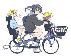 Rule 34 | #unicus (idolmaster), 3girls, aged down, bag, bicycle, bicycle basket, black hair, black jacket, black shorts, black skirt, black socks, blue shirt, blush stickers, brown hair, child, child safety seat, closed eyes, floating hair, from side, full body, grey hoodie, hat, highres, hood, hood down, hoodie, idolmaster, idolmaster cinderella girls, idolmaster cinderella girls starlight stage, inichigaichi, jacket, jacket over hoodie, kicking, kindergarten uniform, long hair, long sleeves, looking ahead, looking at another, looking back, looking to the side, multiple girls, multiple riders, pink hair, pleated skirt, riding, riding bicycle, school bag, school hat, shirt, shoes, short hair, shorts, shoulder bag, simple background, sitting, skirt, sneakers, socks, sparkle, speech bubble, sunazuka akira, translation request, tsujino akari, twintails, white background, white socks, yellow headwear, yumemi riamu