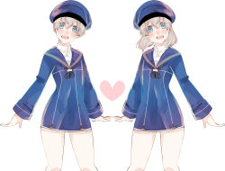 Rule 34 | 10s, 2girls, alternate hair length, alternate hairstyle, blue eyes, blush, bottomless, buttons, dual persona, hat, heart, highres, itomagoi, kantai collection, long hair, long sleeves, looking at viewer, military, military uniform, multiple girls, neckerchief, open mouth, sailor collar, sailor hat, short hair, silver hair, simple background, tanaka io (craftstudio), uniform, white background, z1 leberecht maass (kancolle)