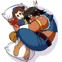 Rule 34 | 1boy, blush, capcom, juli (street fighter), male focus, mexico, native american, pillow, simple background, solo, street fighter, tagme, thunder hawk, white background