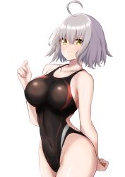 Rule 34 | 1girl, absurdres, ahoge, alternate costume, black one-piece swimsuit, breasts, competition swimsuit, covered navel, cowboy shot, fate/grand order, fate (series), highleg, highleg swimsuit, highres, jeanne d&#039;arc (fate), jeanne d&#039;arc alter (avenger) (fate), jeanne d&#039;arc alter (fate), kohaku teru, large breasts, one-piece swimsuit, short hair, silver hair, simple background, solo, swimsuit, white background, yellow eyes