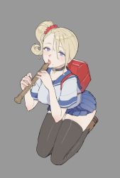 Rule 34 | 1girl, backpack, bag, black thighhighs, blonde hair, blue eyes, blue sailor collar, blue skirt, blush, brown footwear, choker, collar, commentary, english commentary, flute, grey background, grey shirt, hair ornament, hair scrunchie, holding, holding instrument, instrument, looking at viewer, mole, mole under mouth, one side up, original, pleated skirt, randoseru, recorder, sailor collar, school uniform, scrunchie, seiza, serafuku, shirt, shoes, short hair, short sleeves, simple background, sitting, skirt, solo, thighhighs, timbougami, tongue, tongue out