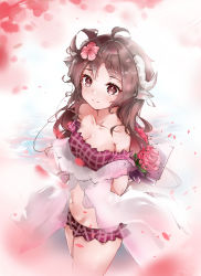 Rule 34 | 1girl, absurdres, ahoge, animal ears, arknights, arms behind back, bare shoulders, bikini, blush, bouquet, breasts, brown hair, cleavage, closed mouth, collarbone, commentary request, cowboy shot, eyjafjalla (arknights), eyjafjalla (summer flower) (arknights), flower, from above, goat ears, goat horns, hair flower, hair ornament, highres, horns, long hair, looking at viewer, looking up, medium breasts, mixed-language commentary, off-shoulder bikini, off shoulder, official alternate costume, petals, pink flower, plaid, plaid bikini, purple bikini, red eyes, red flower, red rose, rose, scup, see-through, smile, solo, swimsuit