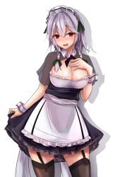 Rule 34 | 1girl, 3books, absurdres, apron, blush, braid, breasts, cleavage, garter belt, garter straps, hair between eyes, hair ribbon, hand on own chest, highres, izayoi sakuya, large breasts, looking at viewer, maid, maid apron, maid headdress, open mouth, red eyes, ribbon, shadow, short hair, silver hair, solo, touhou, tress ribbon, twin braids, wrist cuffs