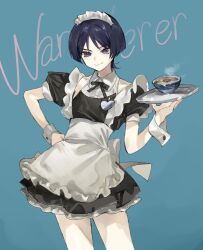Rule 34 | 1boy, apron, black dress, blue background, blue eyes, blue hair, blunt ends, bowl, closed mouth, cowboy shot, crossdressing, dress, genshin impact, hand on own hip, highres, holding, holding plate, maid, maid apron, maid headdress, male focus, parted bangs, plate, puffy short sleeves, puffy sleeves, scaramouche (genshin impact), short hair, short sleeves, smile, solo, talesofmea, wanderer (genshin impact), white apron, wrist cuffs