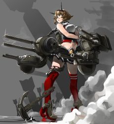 Rule 34 | 10s, 1girl, anchor, arm between breasts, between breasts, bomb, breasts, chain, control tower, explosive, green eyes, high heels, highres, kantai collection, large breasts, looking to the side, midriff, mutsu (kancolle), navel, red thighhighs, rudder footwear, silhouette, solo, tagaya6592, thighhighs, turret