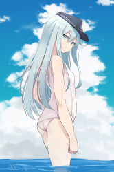 Rule 34 | 10s, 1girl, anchor symbol, ass, bad id, bad pixiv id, bare arms, black hat, blue eyes, blue sky, breasts, cloud, cloudy sky, day, expressionless, flat cap, hair between eyes, hat, hibiki (kancolle), highres, kantai collection, long hair, looking at viewer, medium breasts, mitsukichi, one-piece swimsuit, outdoors, school swimsuit, silver hair, sky, solo, standing, swimsuit, twitter username, wading, water, white one-piece swimsuit, white school swimsuit