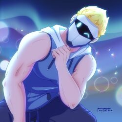 Rule 34 | 1boy, bara, blonde hair, feet out of frame, hood, hoodie, indie virtual youtuber, leaning to the side, lens flare, male focus, mask, masked himbo (silvyspark), muscular, muscular male, one eye closed, pectorals, rena raiden, second-party source, short hair, sitting, sleeveless, sleeveless hoodie, solo, sparkle, spread legs, virtual youtuber