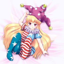 Rule 34 | 1girl, :p, absurdres, adjusting clothes, adjusting headwear, akabashi yuusuke, american flag dress, american flag legwear, american flag shirt, bed, blonde hair, blush, breasts, cameltoe, clownpiece, eyebrows, feet, hat, highres, jester cap, leg up, long hair, lying, neck ruff, no shoes, on back, pantyhose, purple eyes, raised eyebrow, short sleeves, small breasts, soles, solo, star (symbol), star print, striped clothes, striped pantyhose, thighs, toes, tongue, tongue out, touhou, two-tone stripes, very long hair