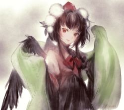 Rule 34 | 1girl, bad id, bad twitter id, black hair, black skirt, black wings, commentary request, feathered wings, gin fragrans, hat, kourindou tengu costume, looking at viewer, parted lips, pom pom (clothes), red eyes, shameimaru aya, short hair with long locks, skirt, smile, solo, tokin hat, touhou, twitter username, wings