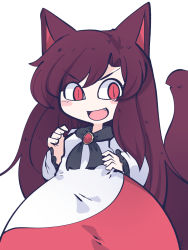 Rule 34 | 1girl, animal ears, blush stickers, brown hair, chahan (fried rice0614), dress, fang, highres, imaizumi kagerou, long hair, long sleeves, one-hour drawing challenge, open mouth, red eyes, simple background, smile, solo, tail, touhou, white background, white dress, wolf ears, wolf tail