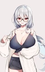 Rule 34 | 1girl, black-framed eyewear, black camisole, black footwear, blush, breasts, camisole, cleavage, collarbone, crop top, glasses, grey hair, heart, heart-shaped pupils, highres, huge breasts, jacket, long hair, looking at viewer, mole, mole on breast, original, red eyes, short shorts, shorts, smile, solo, sunano reona, sweater jacket, symbol-shaped pupils, very long hair, white jacket