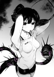 Rule 34 | 1girl, ahoge, arms up, bags under eyes, black hair, black sclera, blush, breasts, colored sclera, cowboy shot, dolphin shorts, female focus, greyscale, highres, karasu raven, looking at viewer, medium breasts, monochrome, monster girl, mouth hold, original, pink eyes, ponytail, shirt, short shorts, shorts, solo, spot color, sweat, tail