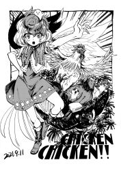 Rule 34 | 1girl, animal, animal on head, bird, bird on head, boots, chick, chicken, chinese commentary, commentary, dated, dress, emphasis lines, english text, flower, full body, greyscale, hand on own hip, heran hei mao, looking at viewer, medium hair, monochrome, multicolored hair, niwatari kutaka, on head, open mouth, outstretched arms, shirt, short sleeves, solo, spider lily, touhou, two-tone hair, wings