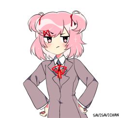 Rule 34 | 1girl, :/, :d, animated, animated gif, artist name, commentary, deal with it (meme), doki doki literature club, english commentary, hair ornament, hair ribbon, hairclip, hand on own hip, hands on own hips, looking at viewer, meme, natsuki (doki doki literature club), open mouth, pink eyes, pink hair, ribbon, savi (byakushimc), school uniform, short hair, simple background, smile, solo, sunglasses, two side up, upper body, white background