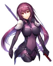 Rule 34 | 1girl, armor, bodysuit, breasts, covered navel, cowboy shot, fate/grand order, fate (series), fujikiti, gae bolg (fate), hair between eyes, large breasts, long hair, looking at viewer, pauldrons, polearm, purple bodysuit, purple hair, red eyes, scathach (fate), shoulder armor, smile, solo, spear, very long hair, weapon