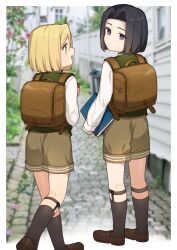 Rule 34 | 2boys, aged down, backpack, bag, black hair, black socks, blonde hair, book, border, brown bag, brown footwear, brown shorts, child, closed mouth, commentary, fate/extra, fate (series), green eyes, green vest, holding, holding book, karokuchitose, kneehighs, loafers, long sleeves, looking at another, male focus, medium hair, multiple boys, open mouth, outdoors, outside border, photo background, purple eyes, school bag, shirt, shoes, shorts, siblings, socks, vest, white border, white shirt