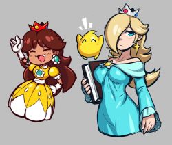 Rule 34 | 2girls, bare shoulders, blonde hair, blue dress, blue eyes, book, brooch, brown hair, closed eyes, closed mouth, crown, dress, earrings, flower earrings, gloves, hair over one eye, hand on own hip, holding, holding book, jewelry, long hair, luma (mario), mario (series), multiple girls, nintendo, open mouth, princess daisy, rosalina, spark bag, star (symbol), star earrings, super mario galaxy, super mario land, white gloves, yellow dress
