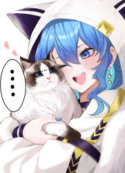 Rule 34 | ..., 1girl, ;d, animal, animal hood, animal hug, blue eyes, blue hair, blue nails, cat, earrings, hair between eyes, heart, highres, holding, holding animal, holding cat, hololive, hood, hood up, hoshimachi suisei, hoshimachi suisei (school uniform), jewelry, long sleeves, looking at animal, nail polish, one eye closed, open mouth, saco (cgmore), simple background, smile, solo, spoken ellipsis, star (symbol), star in eye, symbol in eye, teeth, upper body, upper teeth only, virtual youtuber, white background