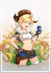 Rule 34 | 1girl, belt, blonde hair, blue eyes, breasts, cola, colt revolver (girls&#039; frontline), cowboy hat, dated, felixtoc, girls&#039; frontline, gun, handgun, hat, highres, holster, holstered, long hair, low twintails, midriff, navel, one eye closed, open mouth, revolver, signature, small breasts, solo, thighhighs, twintails, weapon, wheat