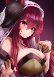 Rule 34 | 1girl, absurdres, azur lane, bare shoulders, breasts, chitose (azur lane), claw ring, cleavage, fox mask, hair between eyes, highres, large breasts, long hair, mask, mask on head, off shoulder, purple eyes, red hair, ryara, shikigami, solo, upper body