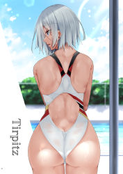 Rule 34 | 1girl, ass, azur lane, blue sky, butt crack, chain-link fence, character name, cloud, cloudy sky, competition swimsuit, cowboy shot, day, fence, flag print, highres, looking at another, looking back, looking to the side, one-piece swimsuit, open mouth, oriue wato, outdoors, pool, poolside, purple eyes, short hair, sky, solo, swimsuit, tirpitz (azur lane), tree, wet, wet clothes, wet swimsuit