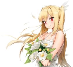 Rule 34 | 1girl, bare shoulders, blonde hair, blush, bouquet, breasts, camisole, flower, hair ornament, highres, holding, long hair, looking at viewer, mr1thonk, non-web source, petals, red eyes, self-upload, serena fuoco brilliante de grazia, small breasts, smile, solo, twintails, upper body, violated heroine